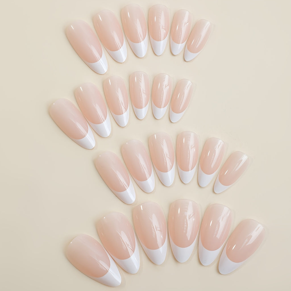 24pcs Glossy Nude Almond Fake Nails, Medium Long White French Tip Press On Nails, Minimalist Style False Nails For Women Girls - Daily Wear