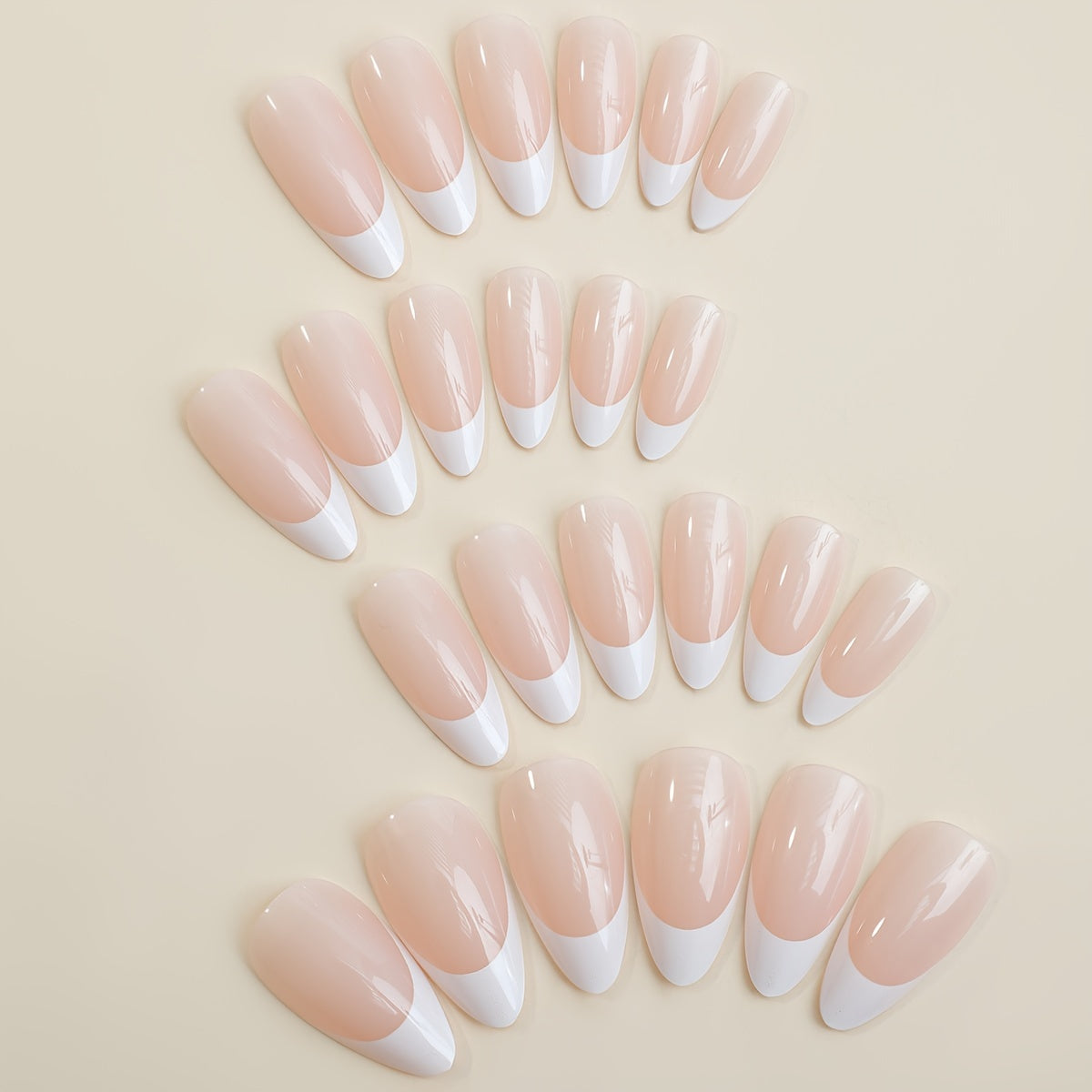 24pcs Glossy Nude Almond Fake Nails, Medium Long White French Tip Press On Nails, Minimalist Style False Nails For Women Girls - Daily Wear