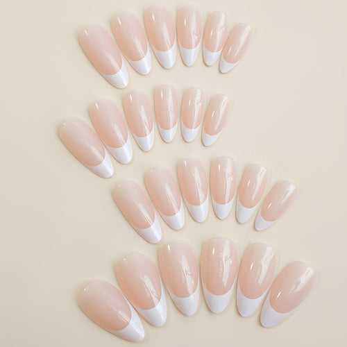 24pcs Glossy Nude Almond Fake Nails, Medium Long White French Tip Press On Nails, Minimalist Style False Nails For Women Girls - Daily Wear