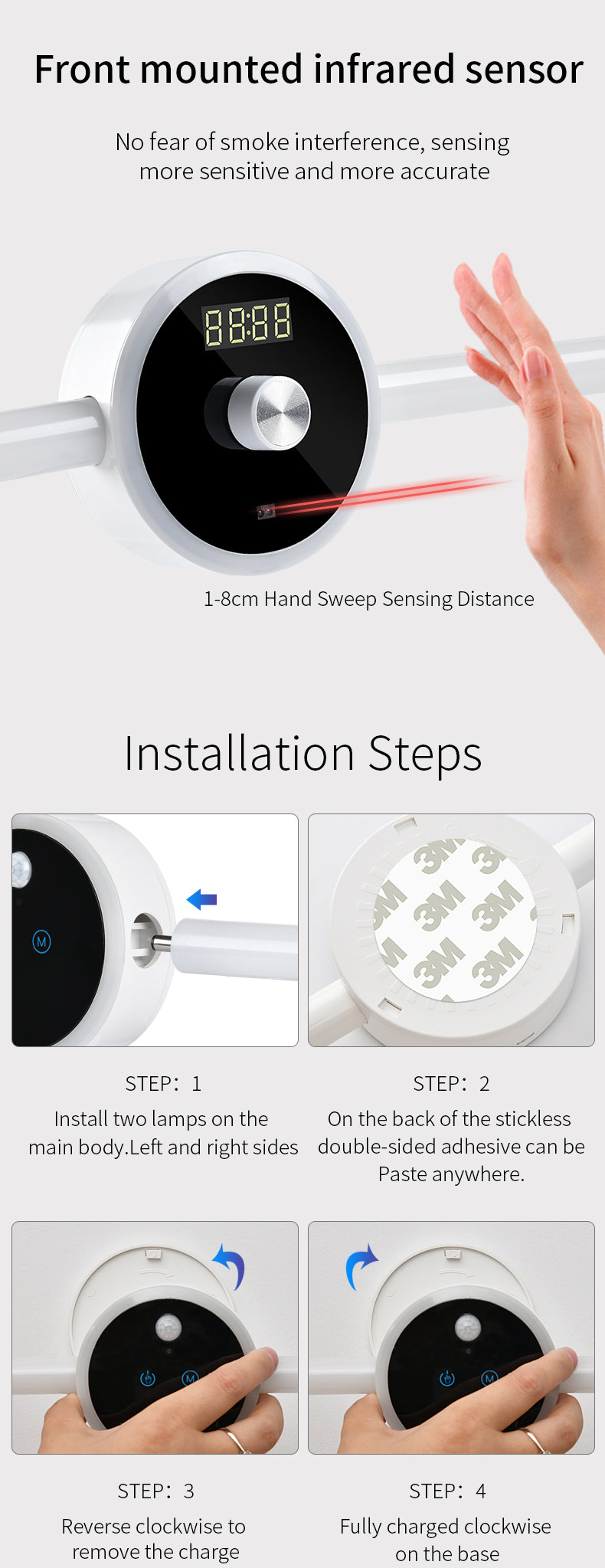 Smart Cabinet Light Clock Timing Sensor Light Removable LED Wardrobe Light Human Body Sensor Light