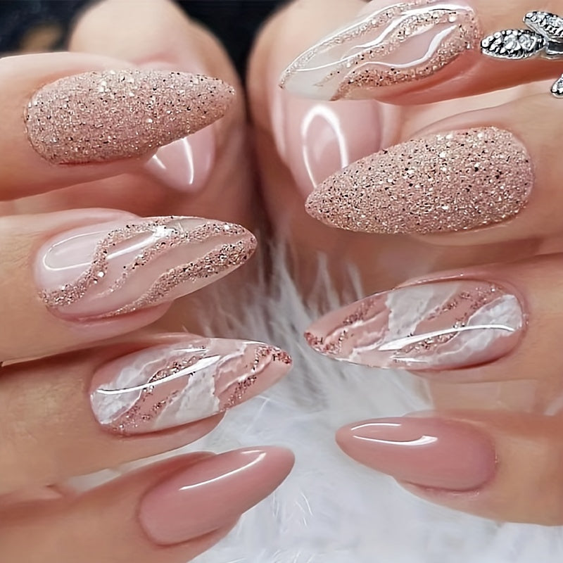 24pcs Pink Almond Shaped Press-On Nails, Medium Length, Glitter Finish, False Nails for Manicure, Beauty & Personal Care, Foot & Hand Nail Care