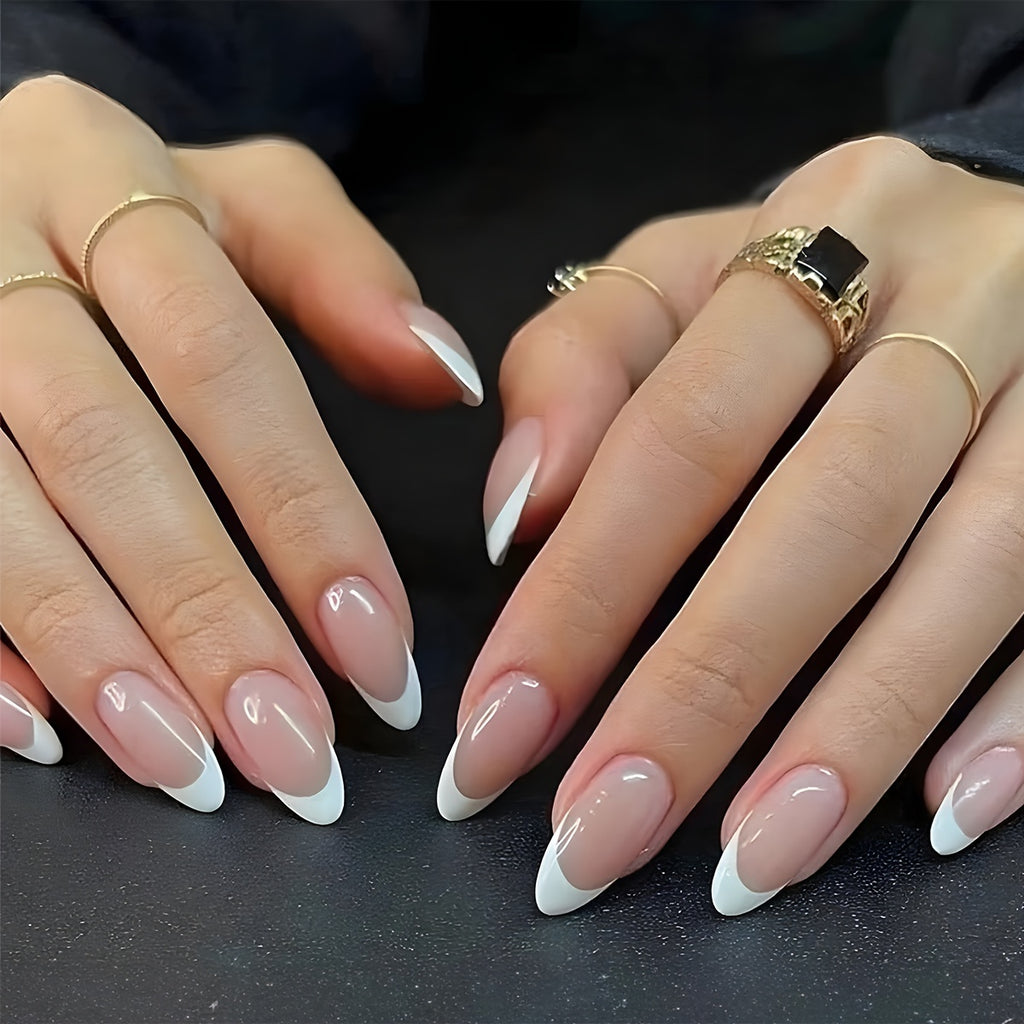 24pcs Glossy Nude Almond Fake Nails, Medium Long White French Tip Press On Nails, Minimalist Style False Nails For Women Girls - Daily Wear