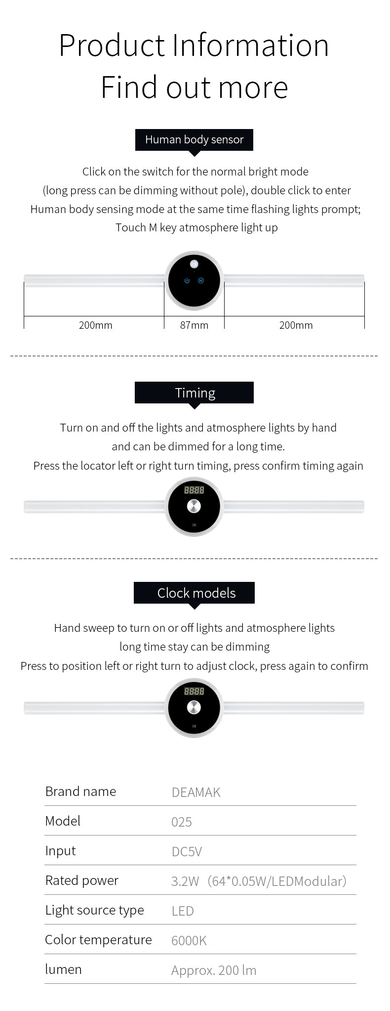 Smart Cabinet Light Clock Timing Sensor Light Removable LED Wardrobe Light Human Body Sensor Light