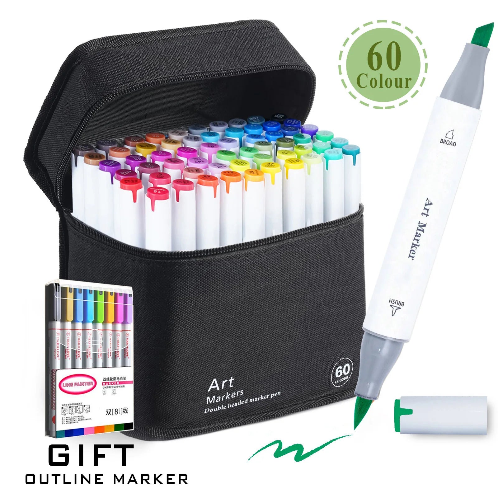 48/60/80/120 Colors Dual Tip Brush&Chisel Permanent Art Marker Pens with Base & Outline Markers Drawing Supplies Kit-Refillable