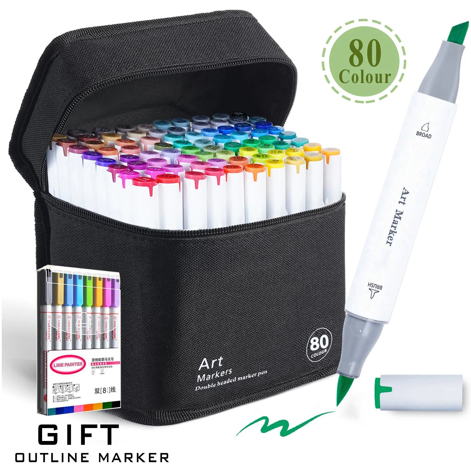 48/60/80/120 Colors Dual Tip Brush&Chisel Permanent Art Marker Pens with Base & Outline Markers Drawing Supplies Kit-Refillable