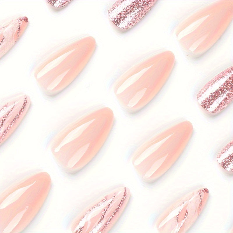 24pcs Pink Almond Shaped Press-On Nails, Medium Length, Glitter Finish, False Nails for Manicure, Beauty & Personal Care, Foot & Hand Nail Care