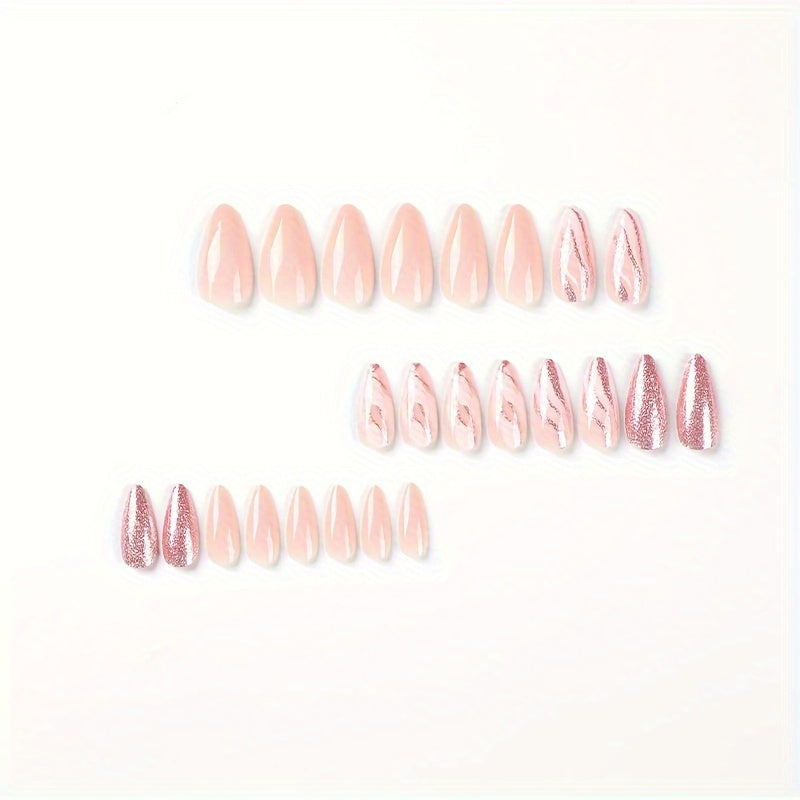 24pcs Pink Almond Shaped Press-On Nails, Medium Length, Glitter Finish, False Nails for Manicure, Beauty & Personal Care, Foot & Hand Nail Care