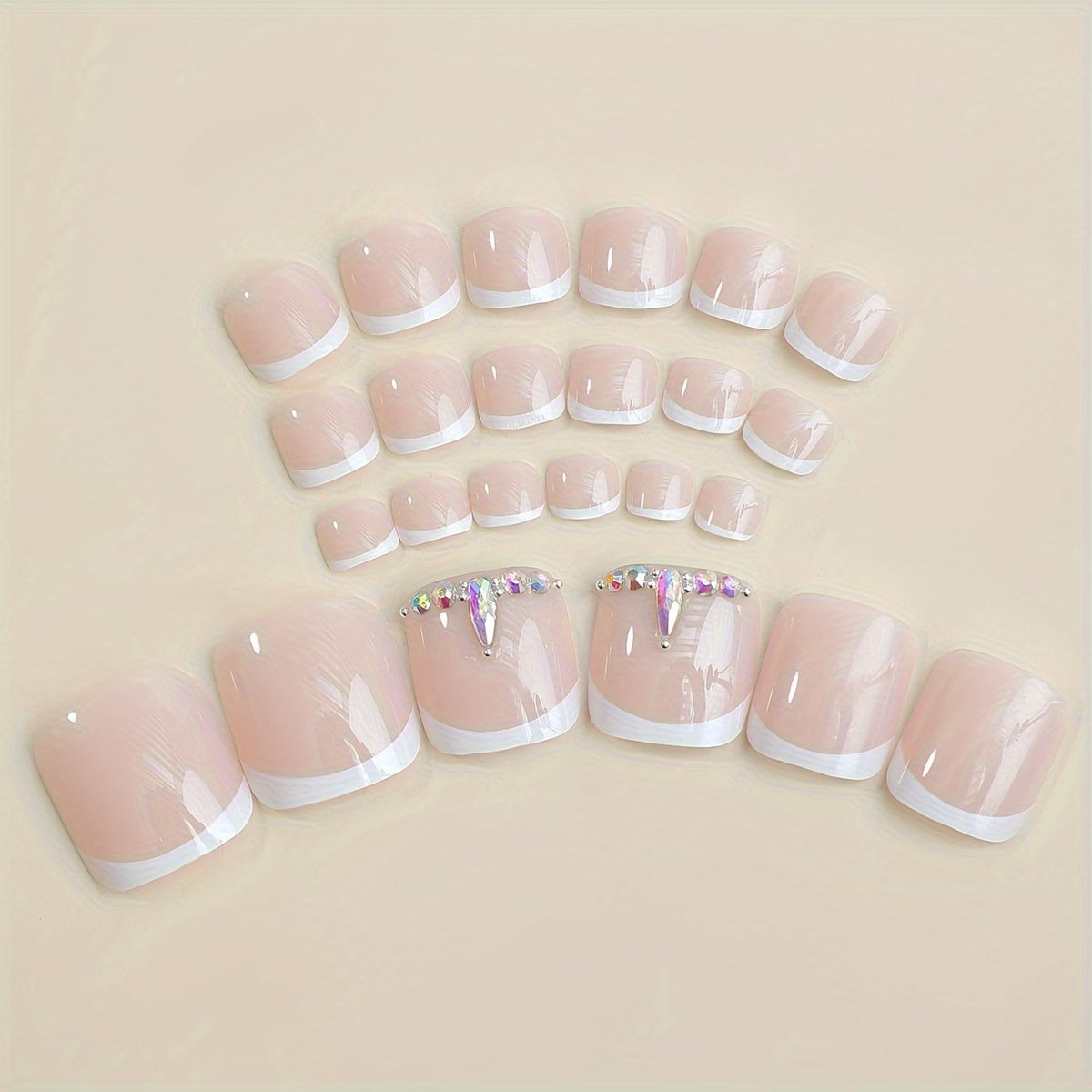 24Pcs Pinkish Press On Toenails White Square Fake Toenails With Rhinestone Design French Tip Fake Toenails Acrylic Summer Toe Nails For Women Artificial Glossy Toe Nail, 1sheet Jelly Glue And 1pc Nail File Included