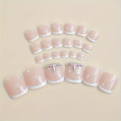 24Pcs Pinkish Press On Toenails White Square Fake Toenails With Rhinestone Design French Tip Fake Toenails Acrylic Summer Toe Nails For Women Artificial Glossy Toe Nail, 1sheet Jelly Glue And 1pc Nail File Included